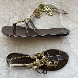 Giuseppe Zanotti Design Brown Leather Strap w/ Gold Brass Flat Sandal EU 37 US 7